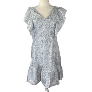 LoveShackFancy Floral V Neck Ruffle Mini Dress Blue Softie